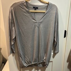 Gray V-Neck Top with Drawstring Hem